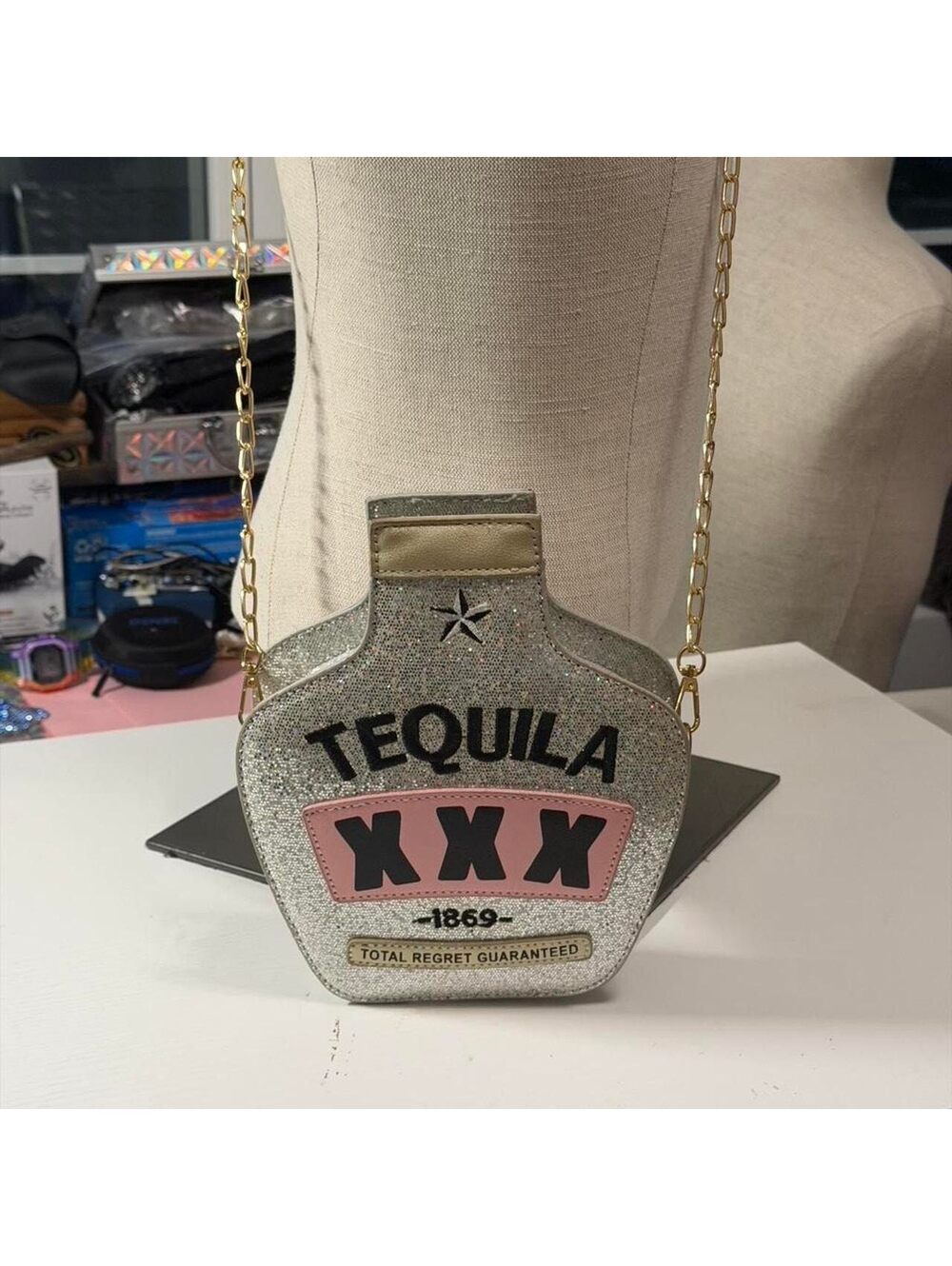 Glitter Silver Tequila Bottle Crossbody Bag with Gold Chain